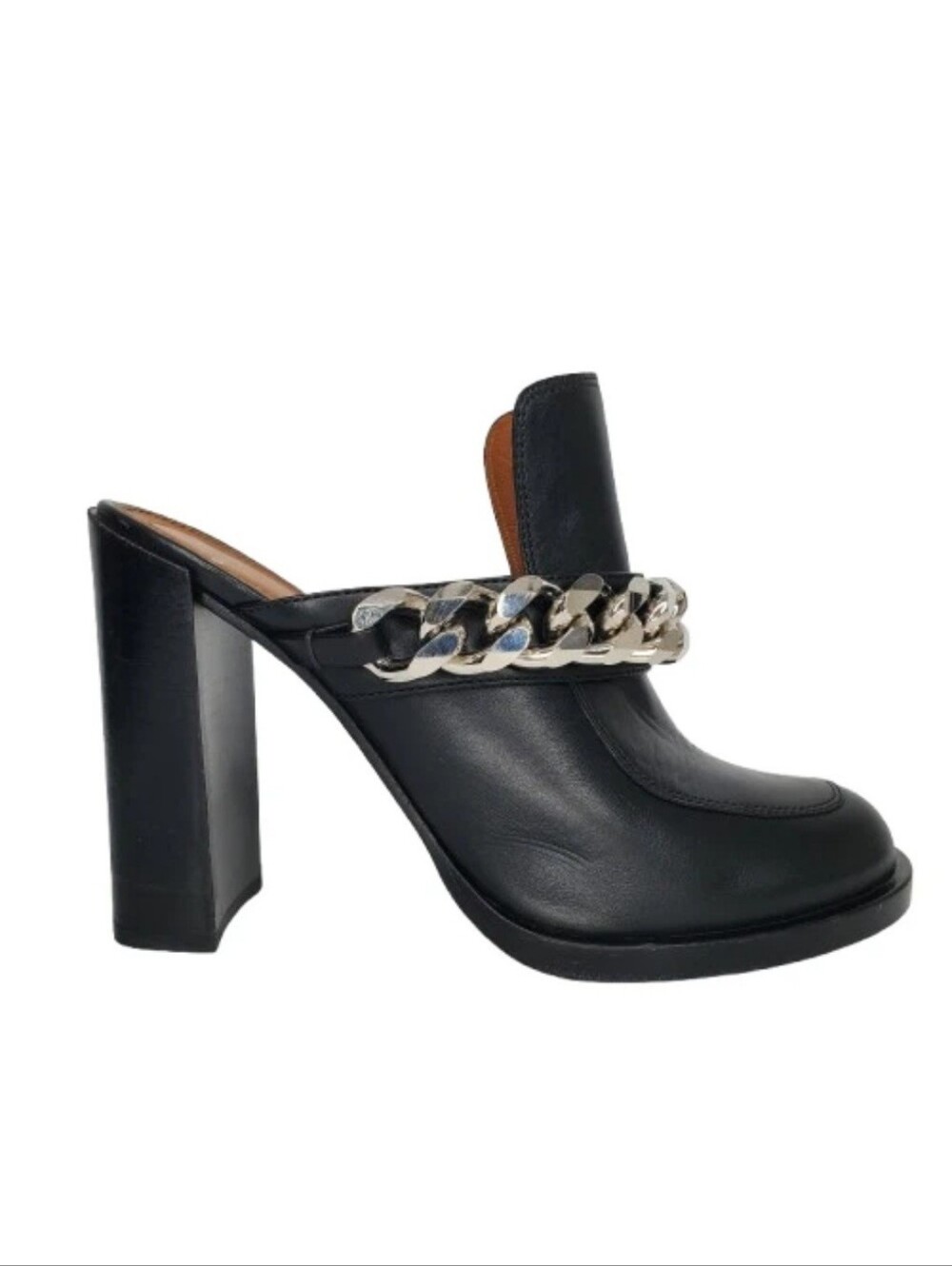 Givenchy Chain Link Leather Block Heel Clogs Mules
